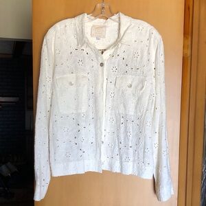 Johnny Was Jade Cream Linen Embroidered Eyelet Top w hummingbird design size L